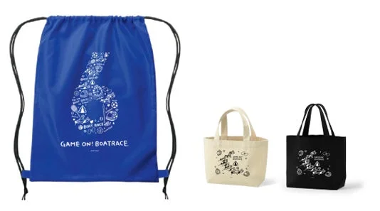 バッグ,巾着バッグ,トートバッグ,ボートレース,グッズ,ファッション小物,ブルー,クリーム,ブラック,数字の6,アイコンデザイン,ノベルティ