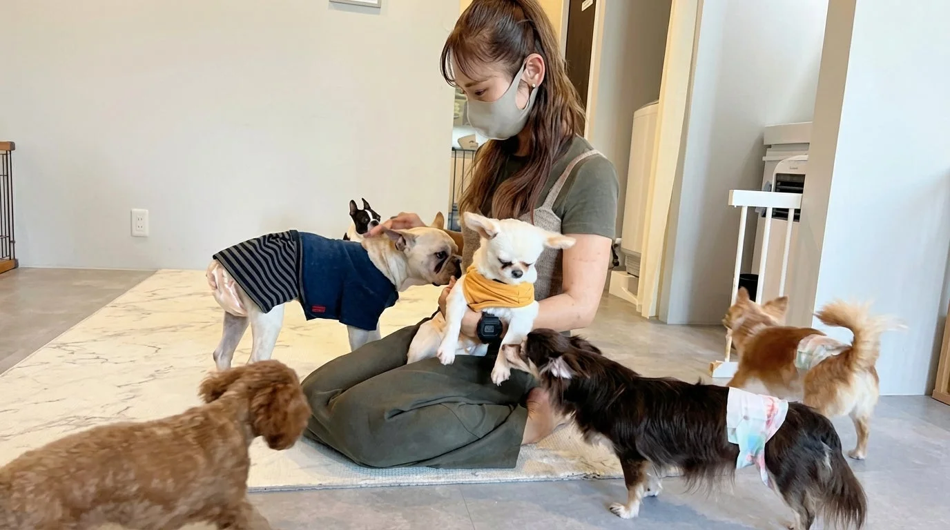 女性と小型犬たち
