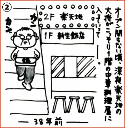 38年前の出来事を描いた漫画。深夜、まだオープンしていない頃の楽天地の店主が、こっそり1階の中華料理店「新生飯店」に入っていく様子を描いている。当時の飲食店の情景がうかがえる。