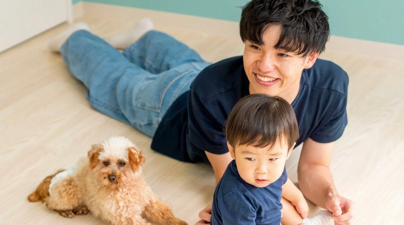 家族と犬がくつろぐ様子