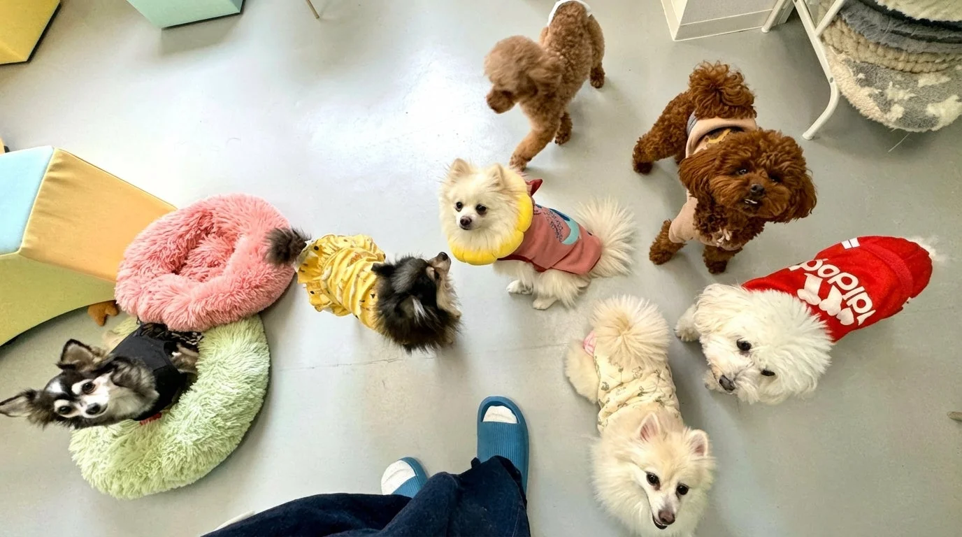 複数の小型犬が室内でくつろぐ様子