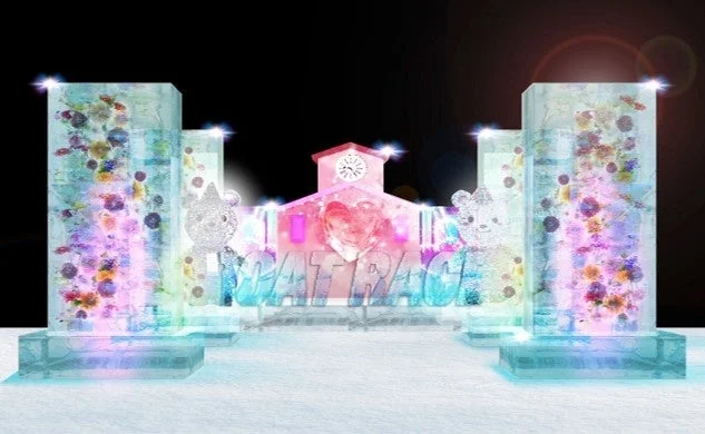 氷像,イルミネーション,ライトアップ,花,クマ,時計台,イベント,冬,ファンタジー,カラフル,夜景,アート