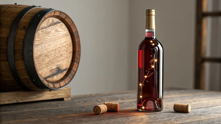 ワイン樽とボトル、コルクの静物