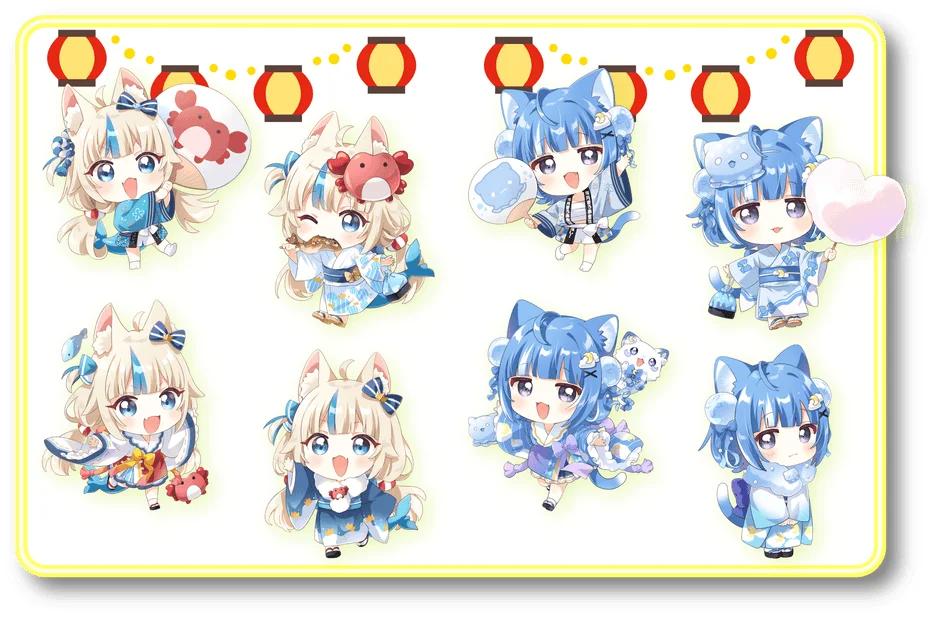 夏祭りの雰囲気の中で、和装のちびキャラ8体が様々な夏のアイテムを持って楽しんでいる様子を描いています