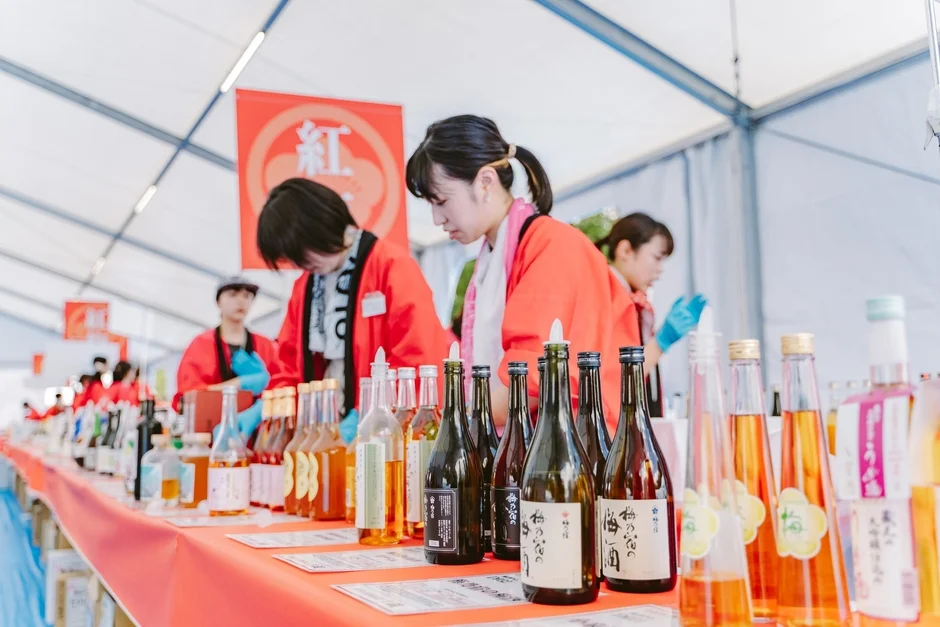 多様な梅酒ボトルが並ぶブース