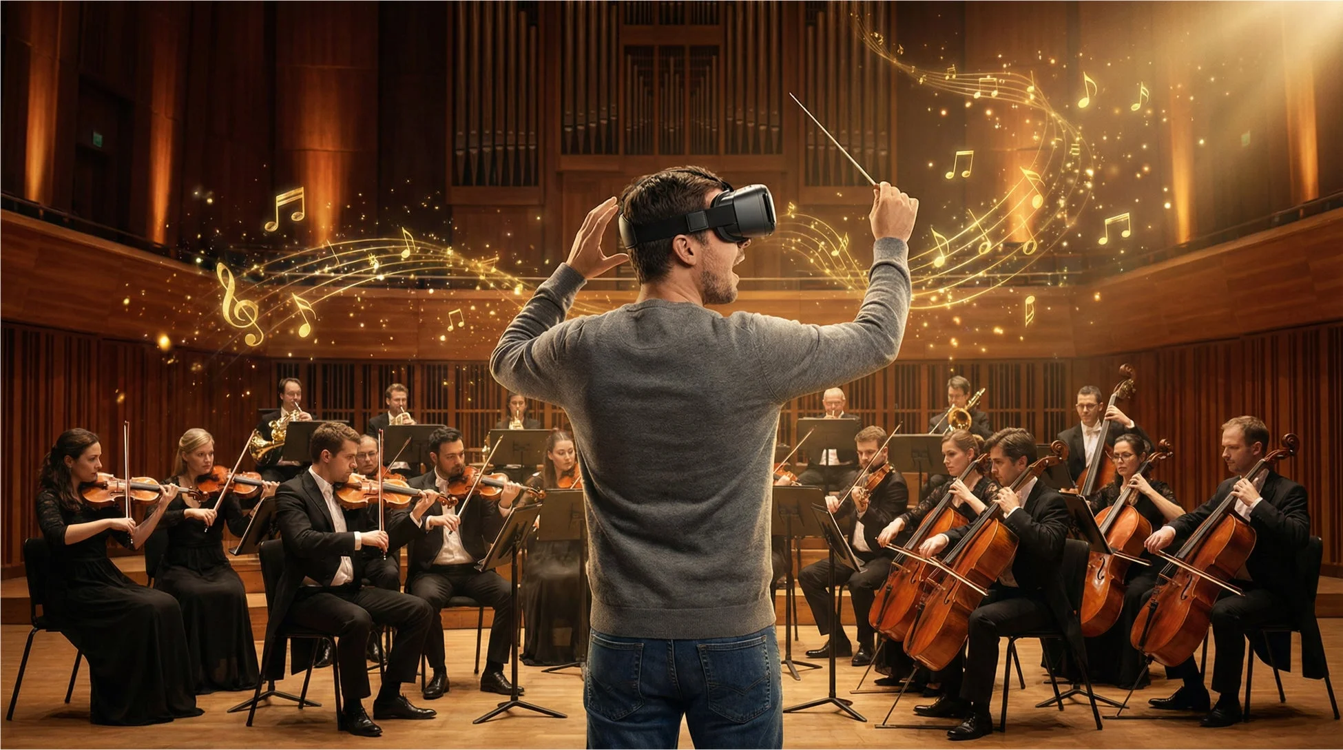 VRヘッドセットを装着した男性がオーケストラを指揮している様子