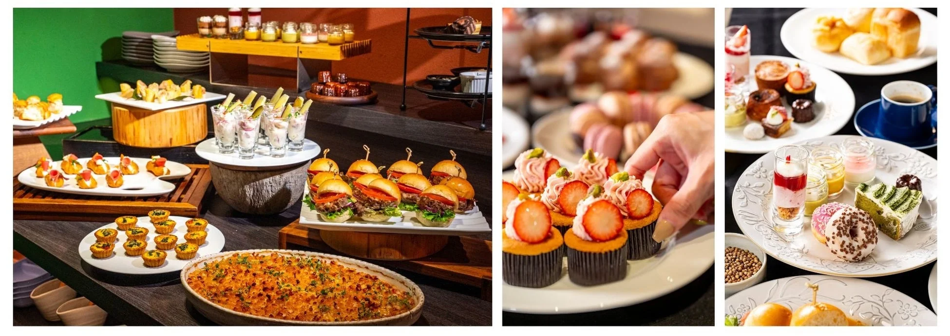 豪華で色とりどりの豊富な料理とデザートが並ぶビュッフェ風景