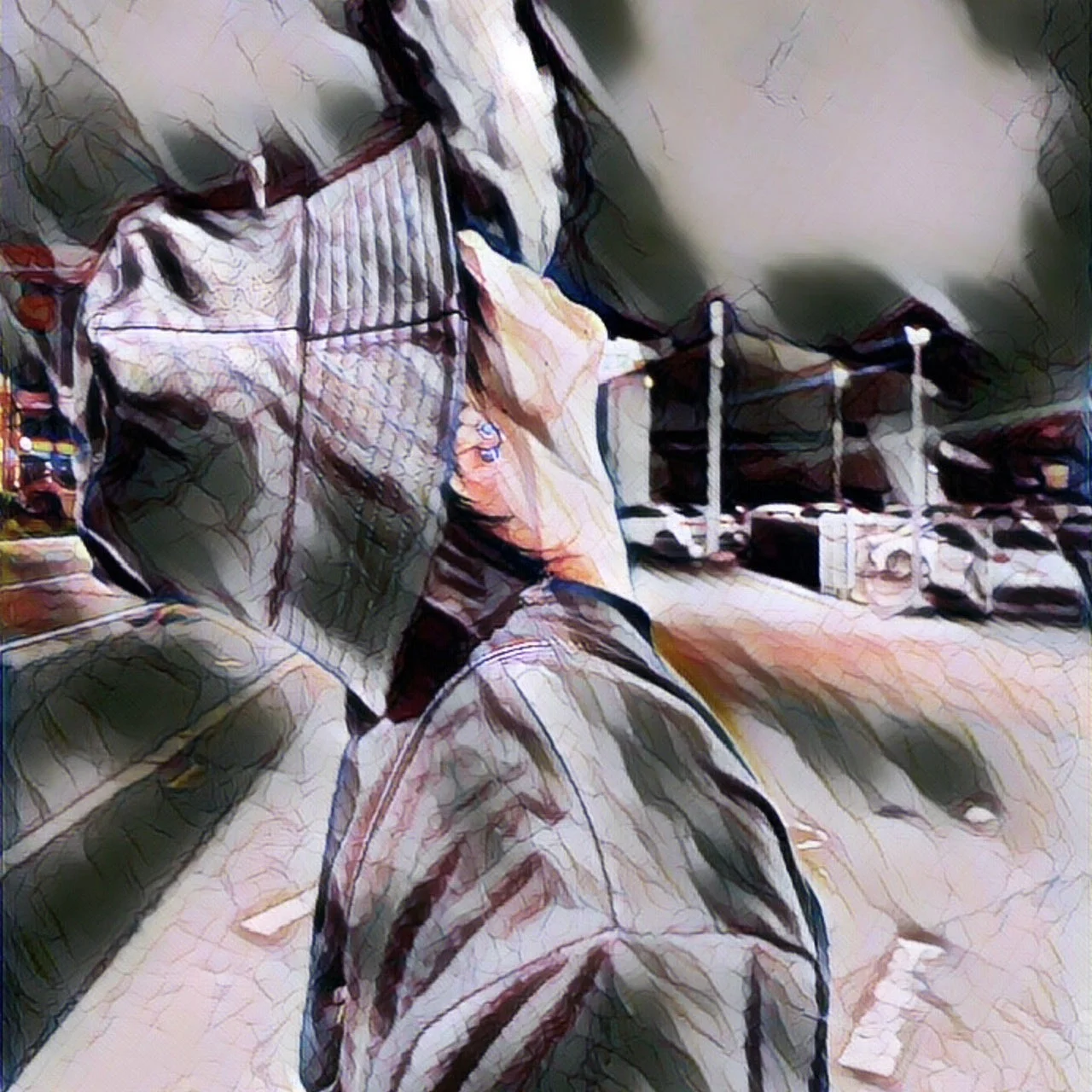 雪が降る中で後ろ姿の人物が立つモノクロームのイラスト