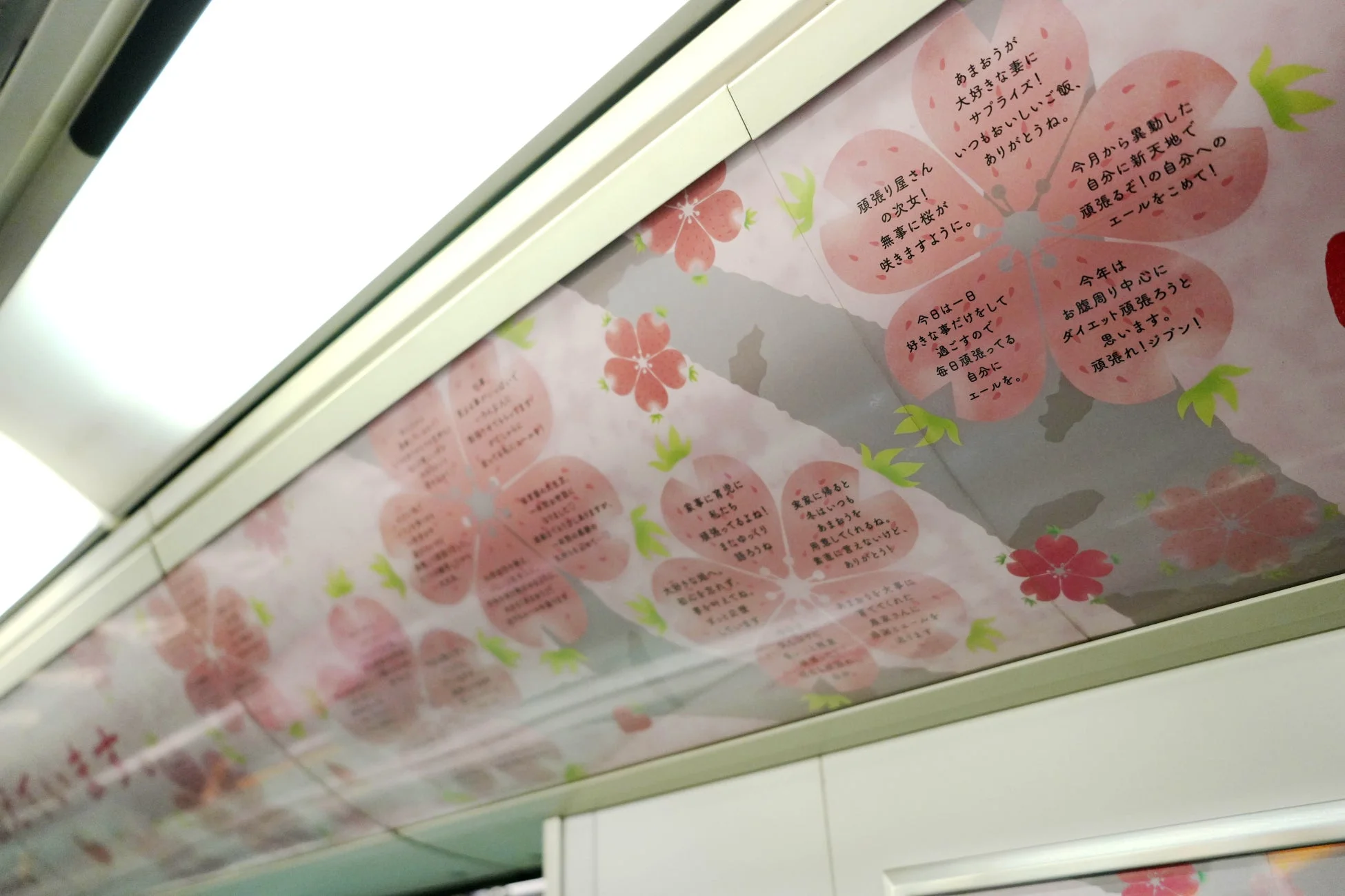 電車の天井に桜の花びら形にデザインされたメッセージ