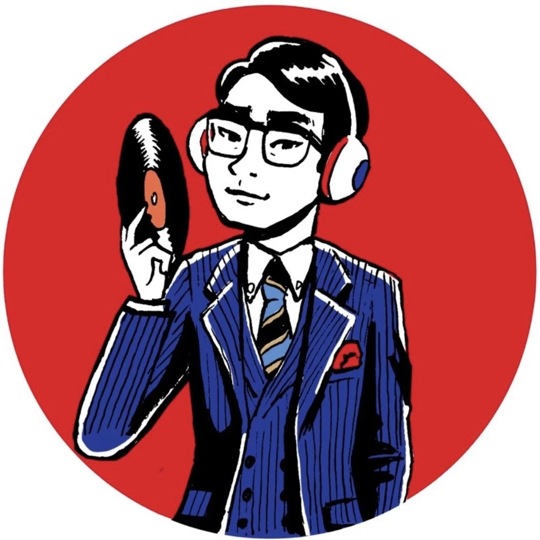 赤い円形を背景に、眼鏡とヘッドホンを着用し、ストライプのスーツを着た男性がレコードを持っているイラストです。音楽やレトロな雰囲気が感じられます。