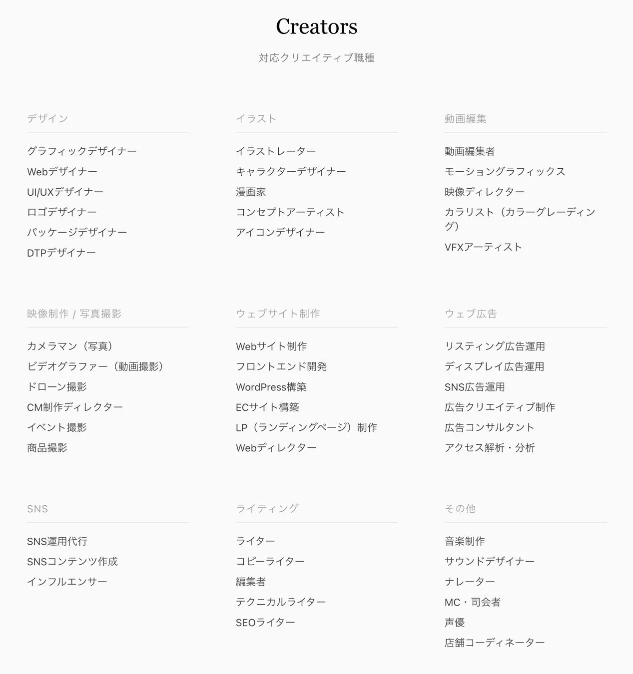 対応クリエイティブ職種
