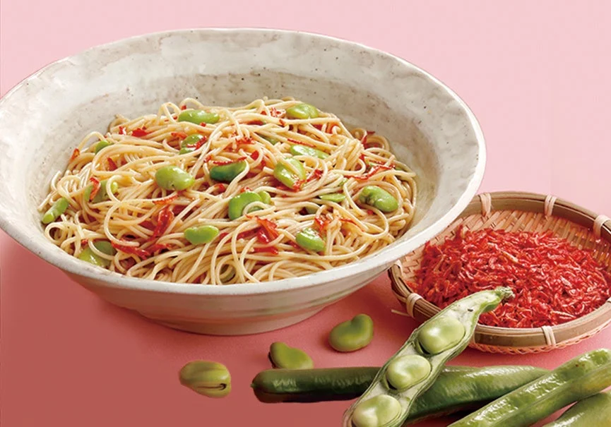 香ばし小海老と空豆の和風パスタ