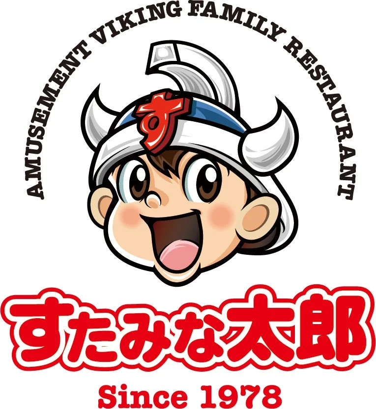 バイキングヘルメットをかぶった元気な男の子のキャラクターが特徴的な「すたみな太郎」のロゴマーク