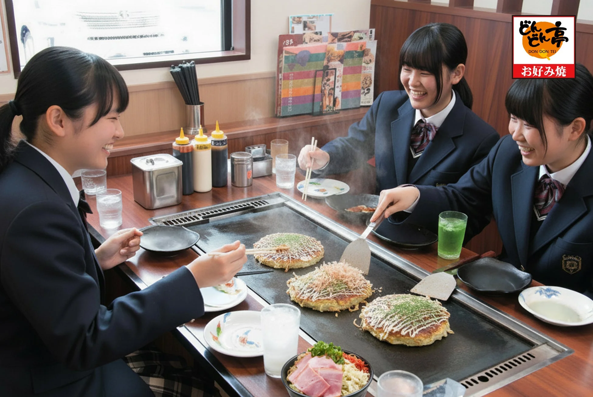 お好み焼きを囲む女子高生