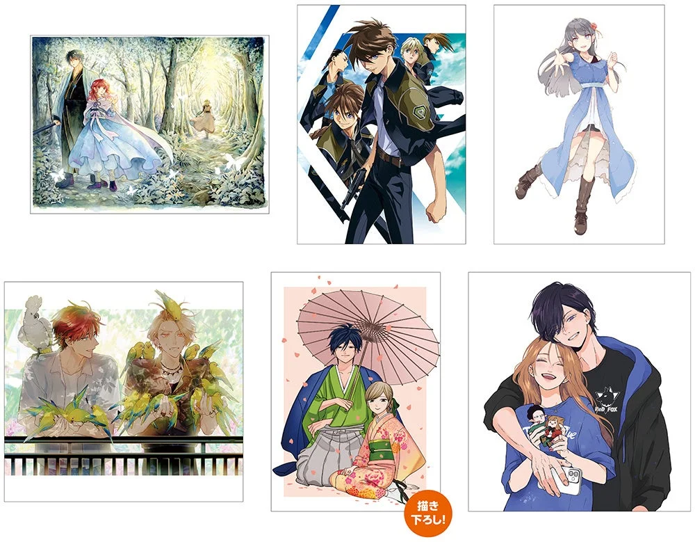 異なるテーマのアニメ・漫画風イラストが6枚並べられた画像です。ファンタジー、アクション、和風、日常など多様なシチュエーションで、様々なキャラクターやカップルが描かれています。一枚には「描き下ろし」の表記があります。