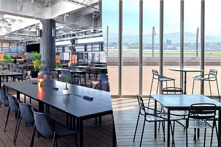 屋内席と滑走路を望むテラス席