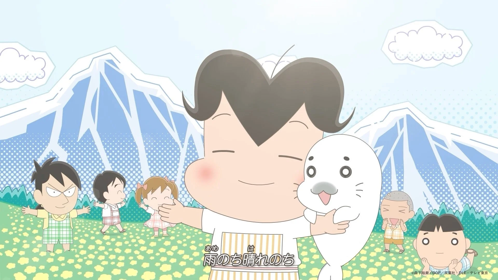 雪山と花畑の広がる明るい風景で楽しむキャラクターたち