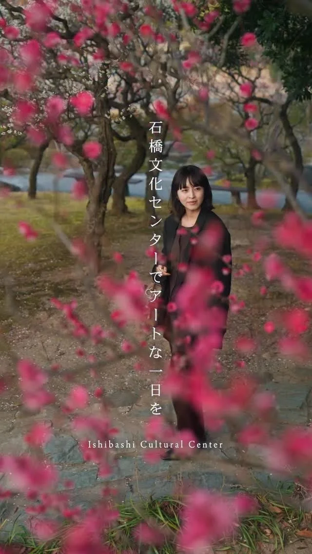 満開のピンク色の梅の花に囲まれた公園に立つ女性