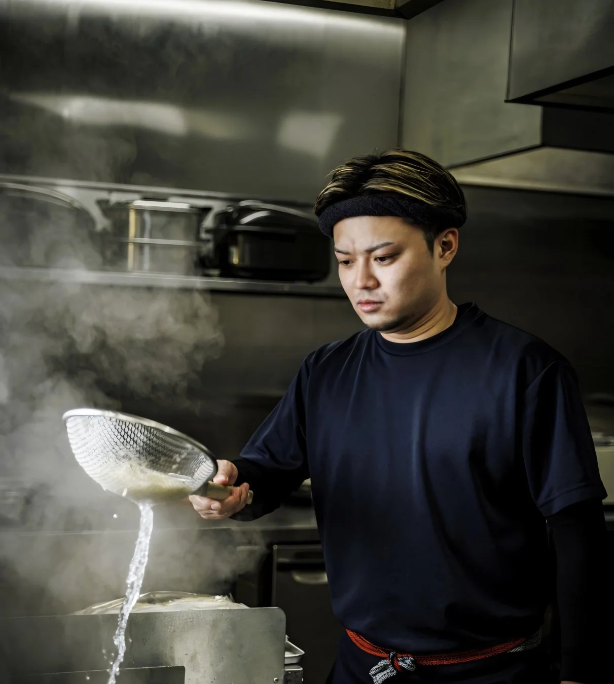 湯切りをする男性