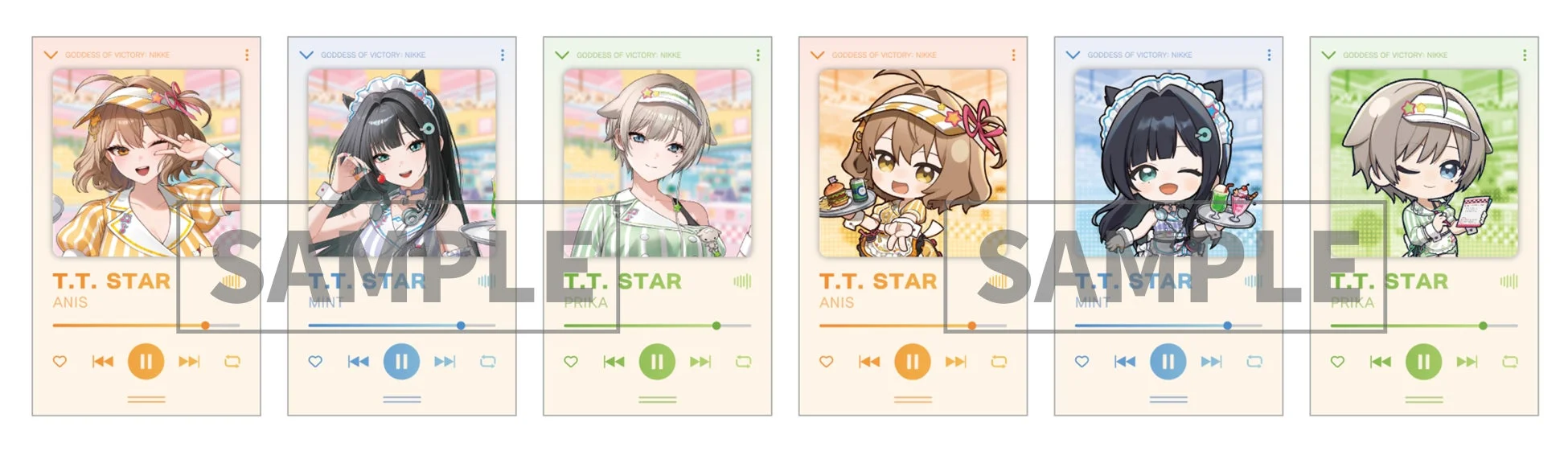 人気ゲーム「GODDESS OF VICTORY: NIKKE」に登場するアニス、ミント、プリカのキャラクターイラスト6種類