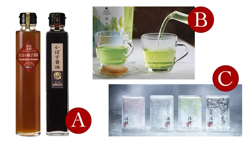 和風の食品と飲料製品が並ぶ画像です。柚子胡椒ドレッシングとかぼす醤油の瓶、緑茶または柚子ドリンク、そして湯躍ブランドのゼリーらしきデザートが写っています。