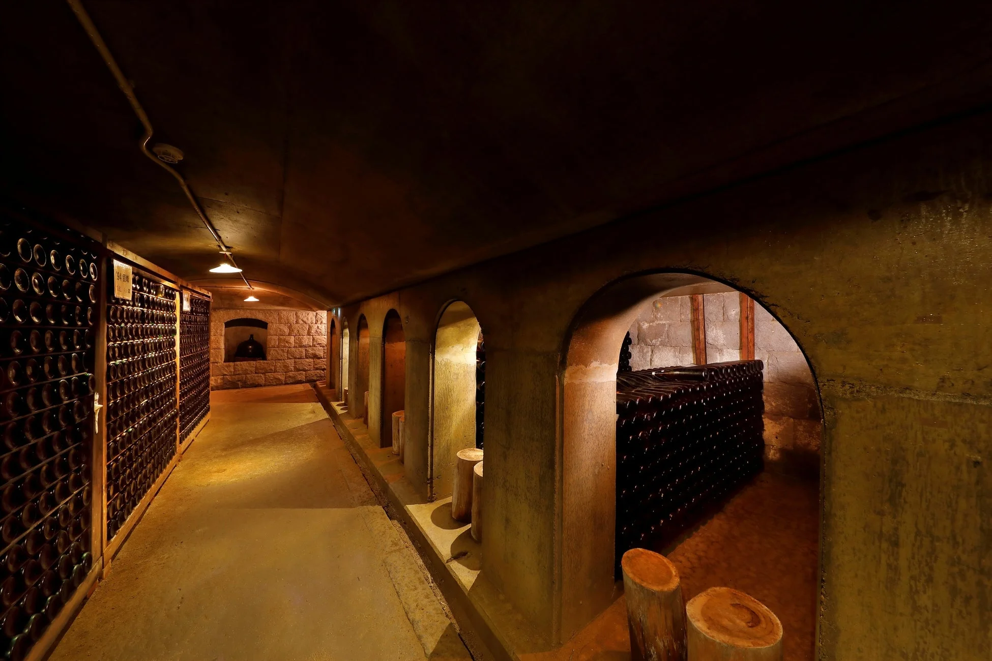薄暗い地下のワインセラーの様子