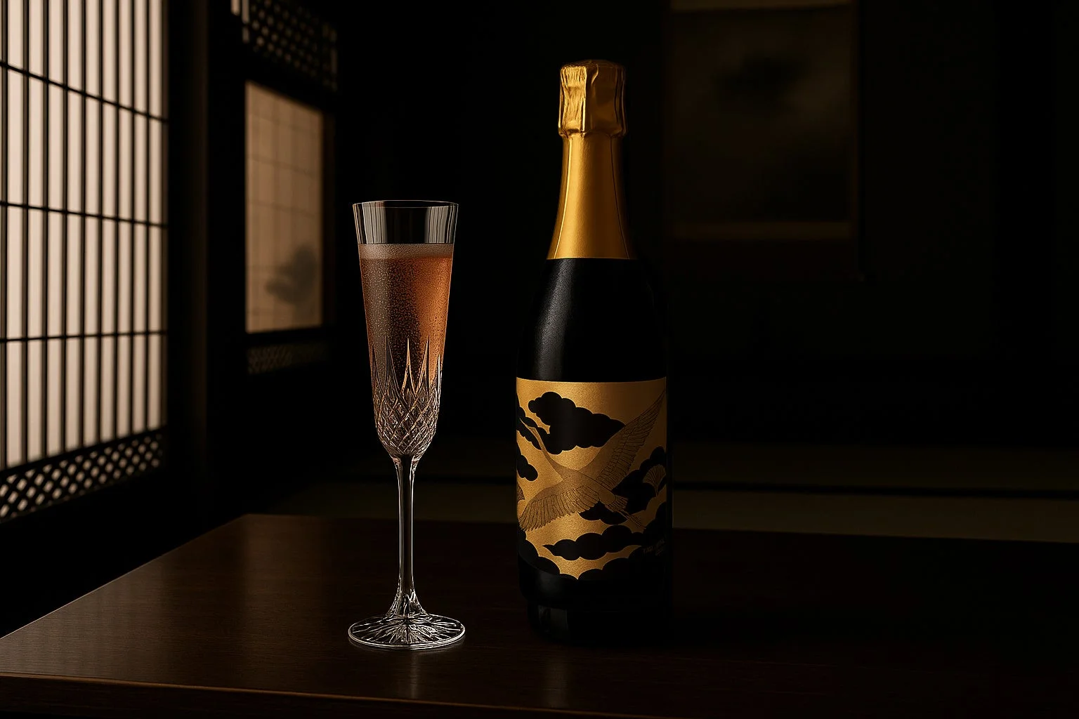 和風の空間で、鶴の絵柄が描かれたボトルと泡立つロゼ色の飲み物が入ったクリスタルグラス