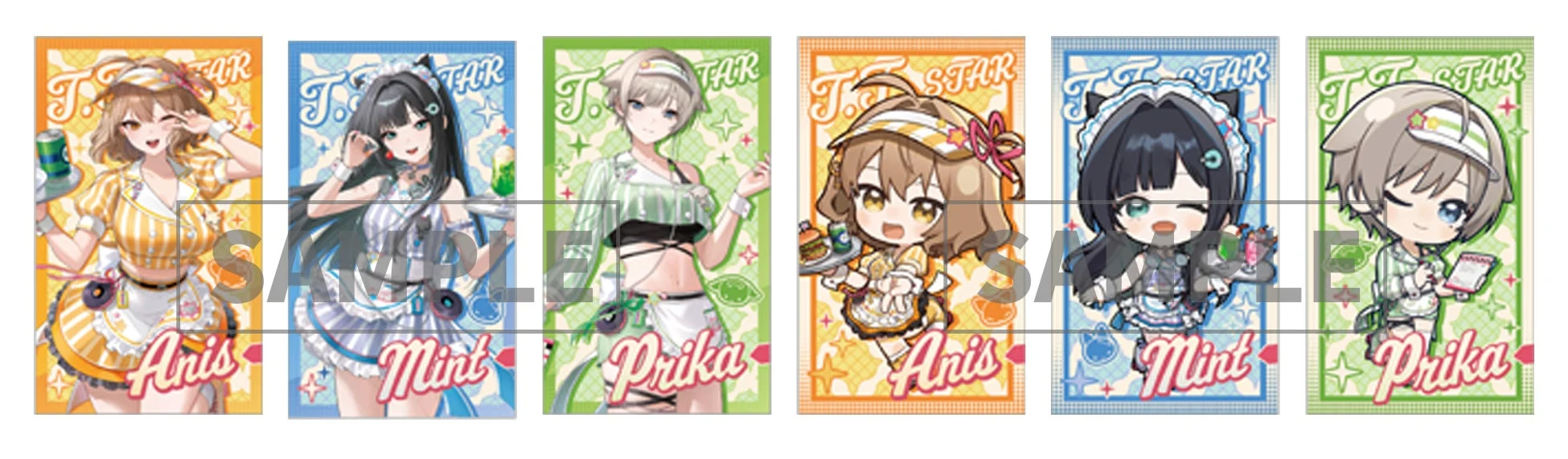 アニメ風の女性キャラクターが描かれた6枚のイラストが横一列に並んでいます