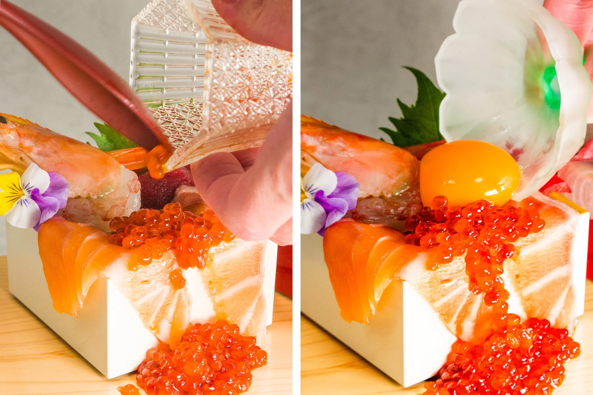 いくらと卵黄を盛り付ける様子