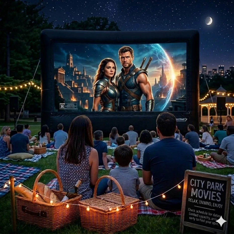 屋外映画、野外上映、公園、夜景、星空、月、ピクニック、エンターテイメント、家族、友人、レジャー、リラックス、都市、コミュニティイベント、ファンタジー映画、スーパーヒーロー映画、夏、芝生、バスケット