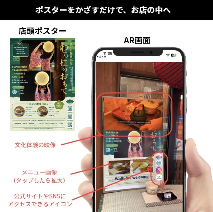 スマートフォンで店頭ポスターをかざすと、AR画面に日本文化体験の映像やメニューが表示される様子。抹茶や和菓子を提供する店舗のプロモーションで、SNSへのアクセスも可能。
