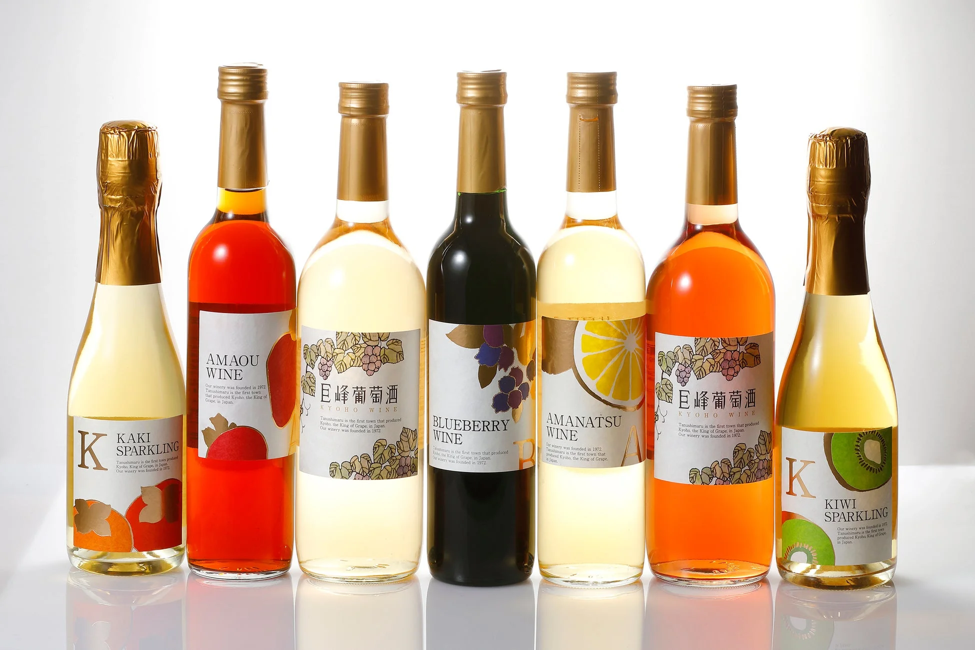 柿、あまおう、巨峰、ブルーベリー、甘夏、キウイなど、様々なフルーツを使った7種類のワインとスパークリングワイン