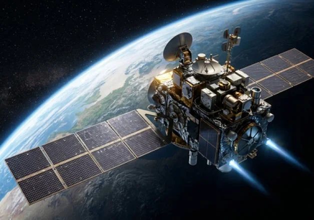 広大な宇宙空間で、地球を背景に人工衛星が軌道を周回している様子