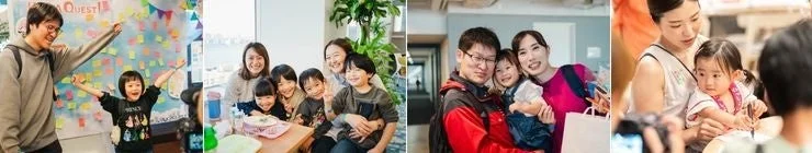 家族や子供たちが楽しんでいる集合写真