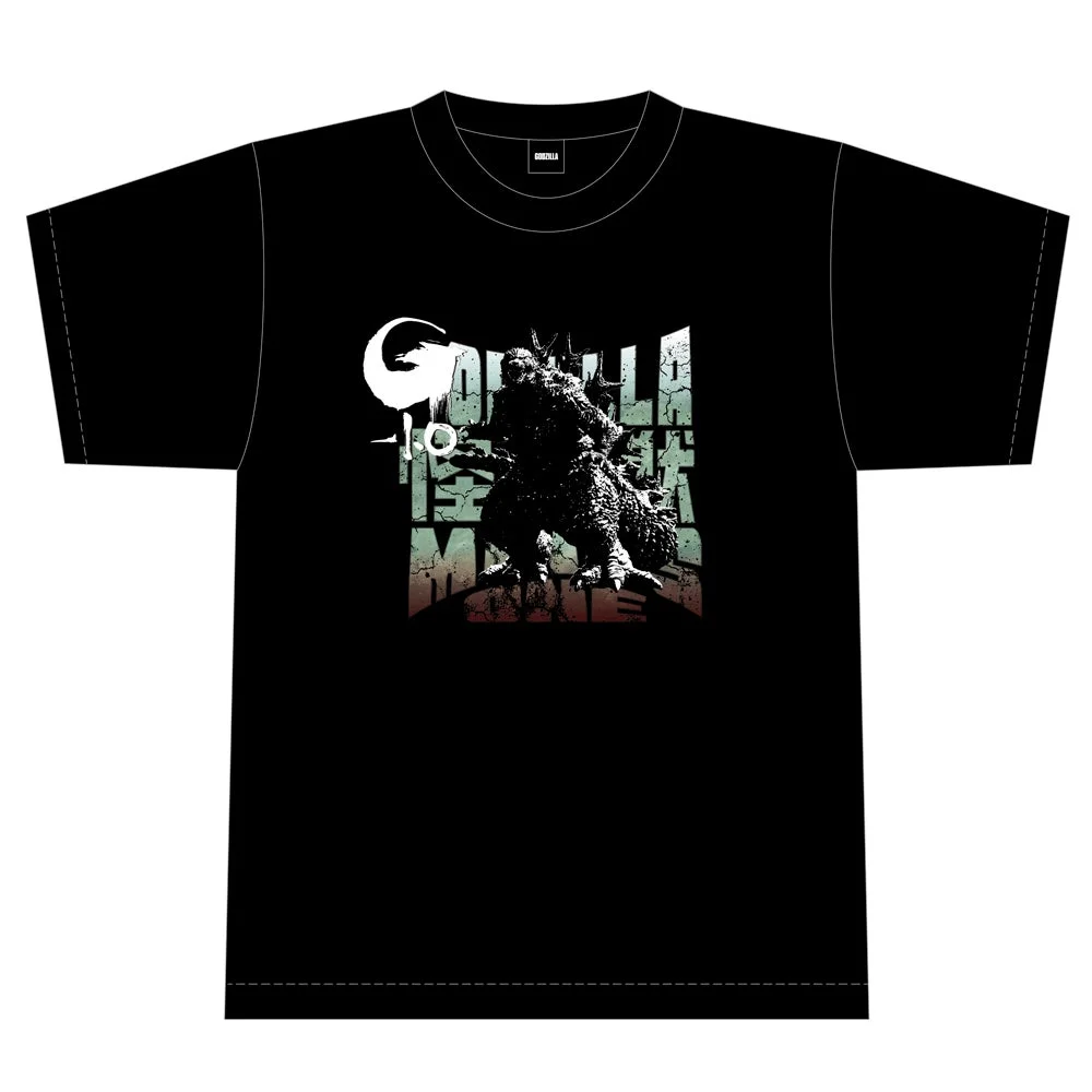 黒いTシャツの中央に、映画「ゴジラ-1.0」のゴジラのシルエットとタイトルがデザイン