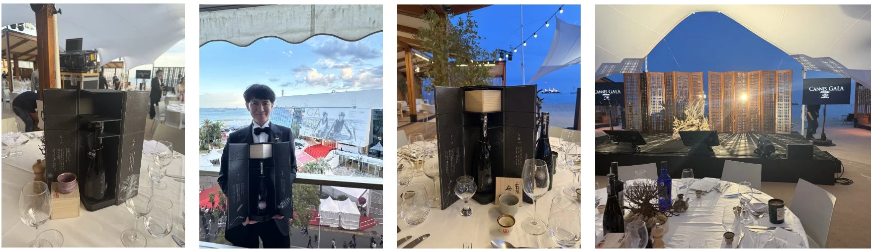 カンヌ ガラパーティー イベント 日本酒 獺祭 ディナー 夜景 テーブルセッティング タキシード 海辺 屋外 高級