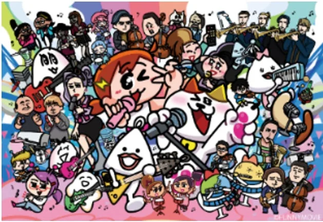 FUNNYMOVIEのキャラクターたちが楽器を演奏する賑やかなイラスト
