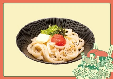 明太子、バター、青ネギ、海苔がトッピングされたうどんが黒い器に入っており、背景は黄色。右下には「博多名物 辛子明太子」と書かれた旗を持つ人々が描かれたイラストが添えられている。