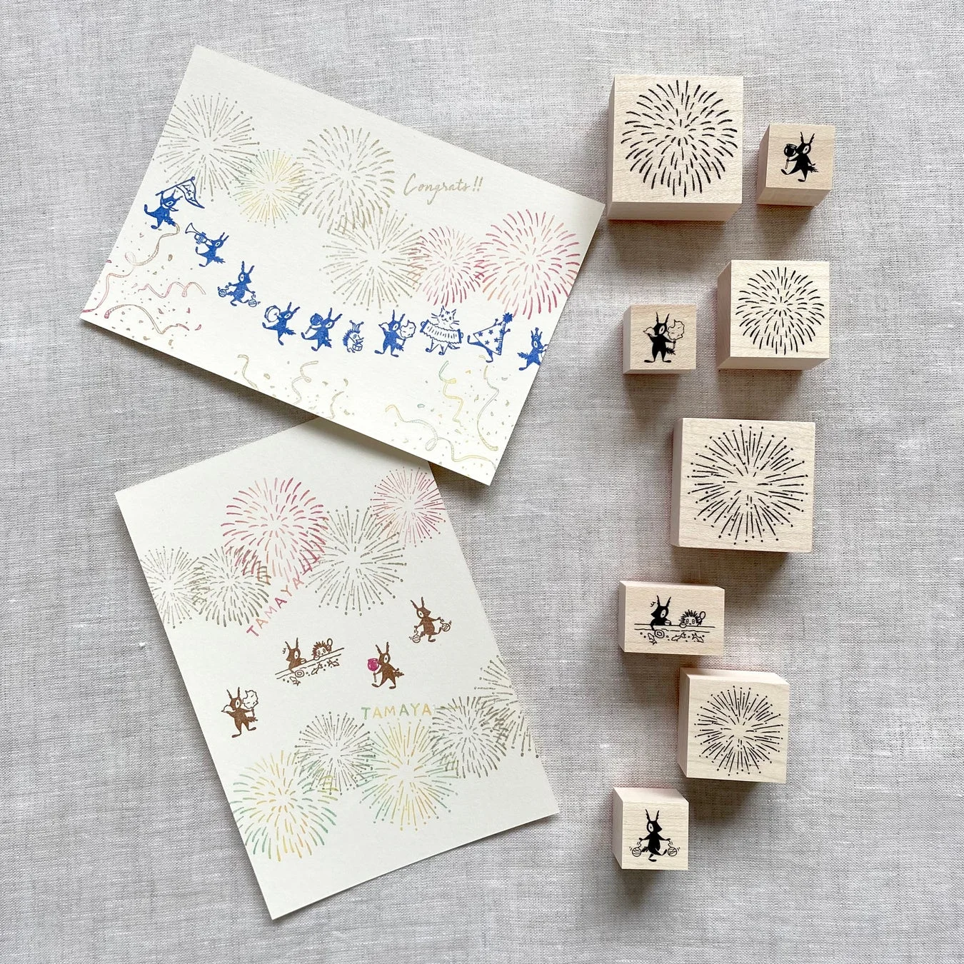 花火とリスのスタンプ