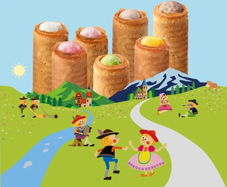 アルプスの牧歌的な風景の中にロールケーキのようなお菓子と子供たちが描かれたイラスト