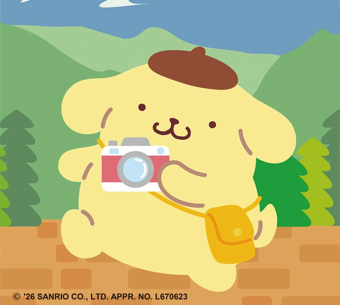 ベレー帽をかぶりカメラを持つポムポムプリンのイラスト