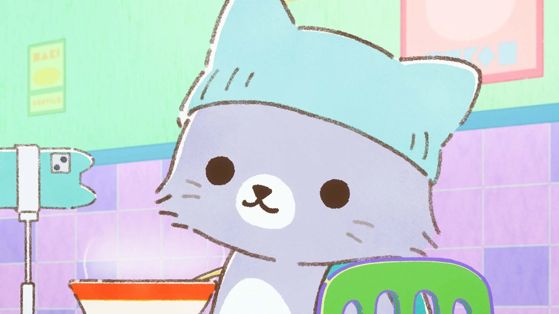 水色の帽子をかぶった猫のキャラクターが食事をするアニメーションのワンシーン