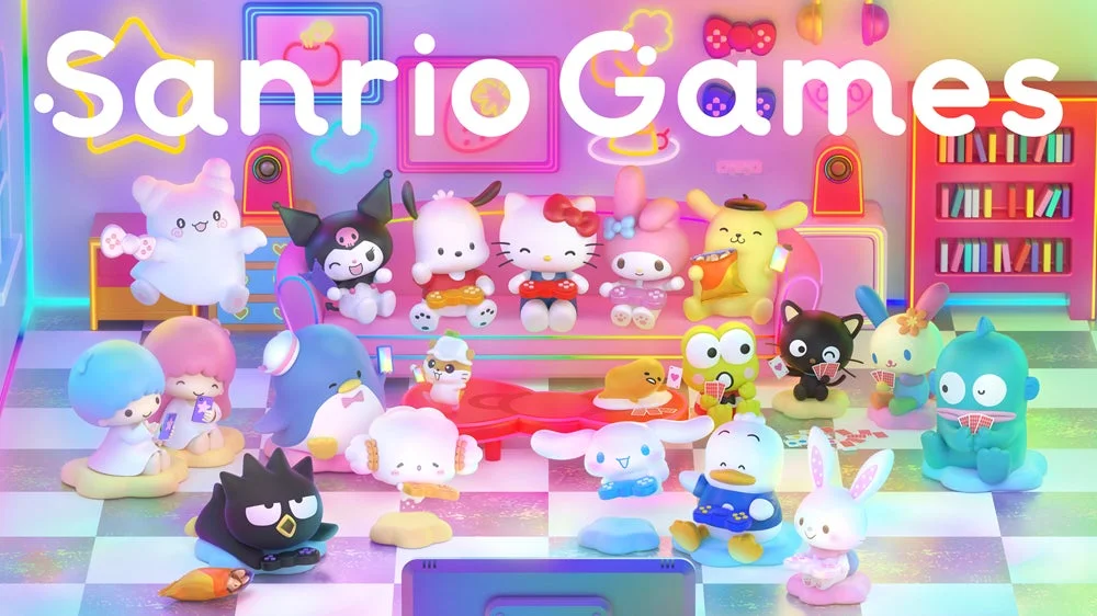 サンリオ,キャラクター,ゲーム,ハローキティ,マイメロディ,クロミ,ポムポムプリン,けろけろけろっぴ,バッドばつ丸,シナモロール,リトルツインスターズ,ポチャッコ,ぐでたま,ハンギョドン,アヒルノペックル,かわいい,パステルカラー,ネオン,部屋,遊び,コントローラー,カードゲーム,デジタルデバイス