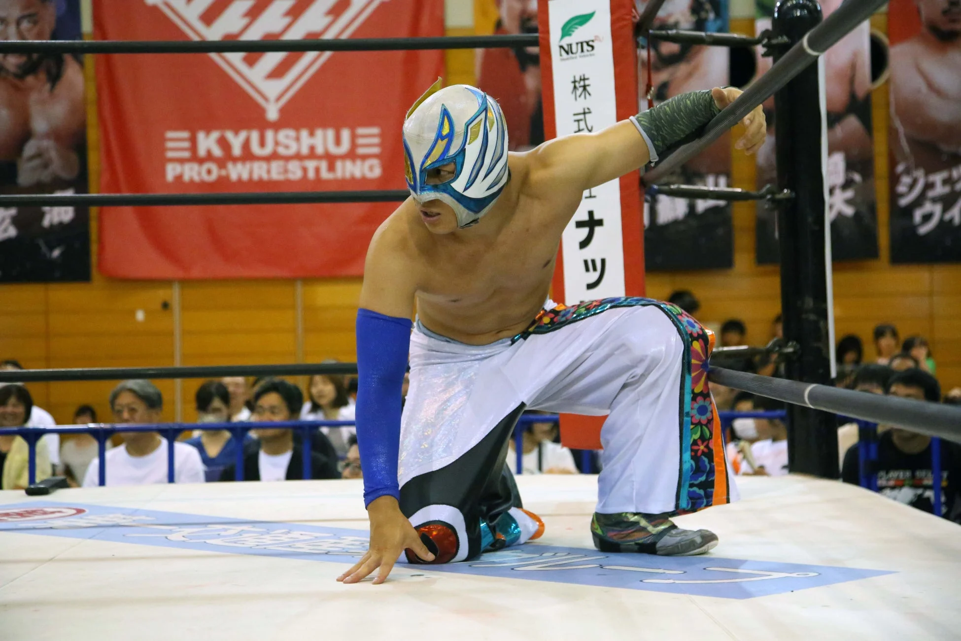 マスクを被ったレスラーがプロレスリングのマットに片膝をつき、構えている瞬間を捉えた画像。背景には「九州プロレス」のバナーと観客が見える。