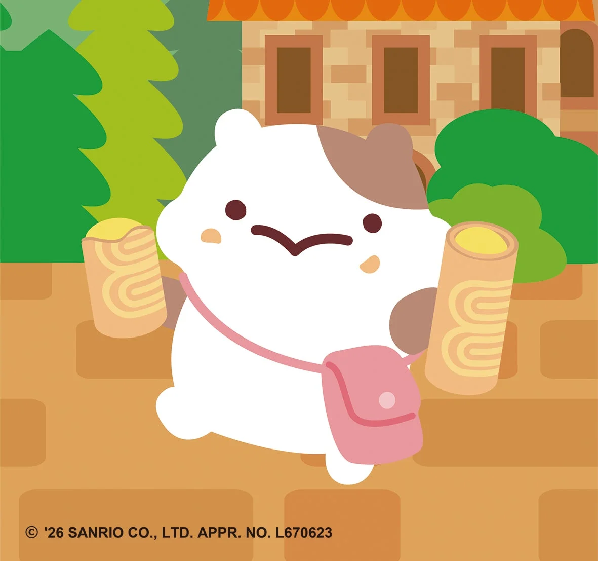 白いキャラクターが街並みを散歩するイラスト