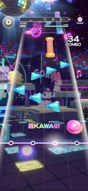 リズムゲーム,音ゲー,サンリオキャラクターズ,マイメロディ,クロミ,ポムポムプリン,ディスコ,ネオン,かわいい,携帯ゲーム