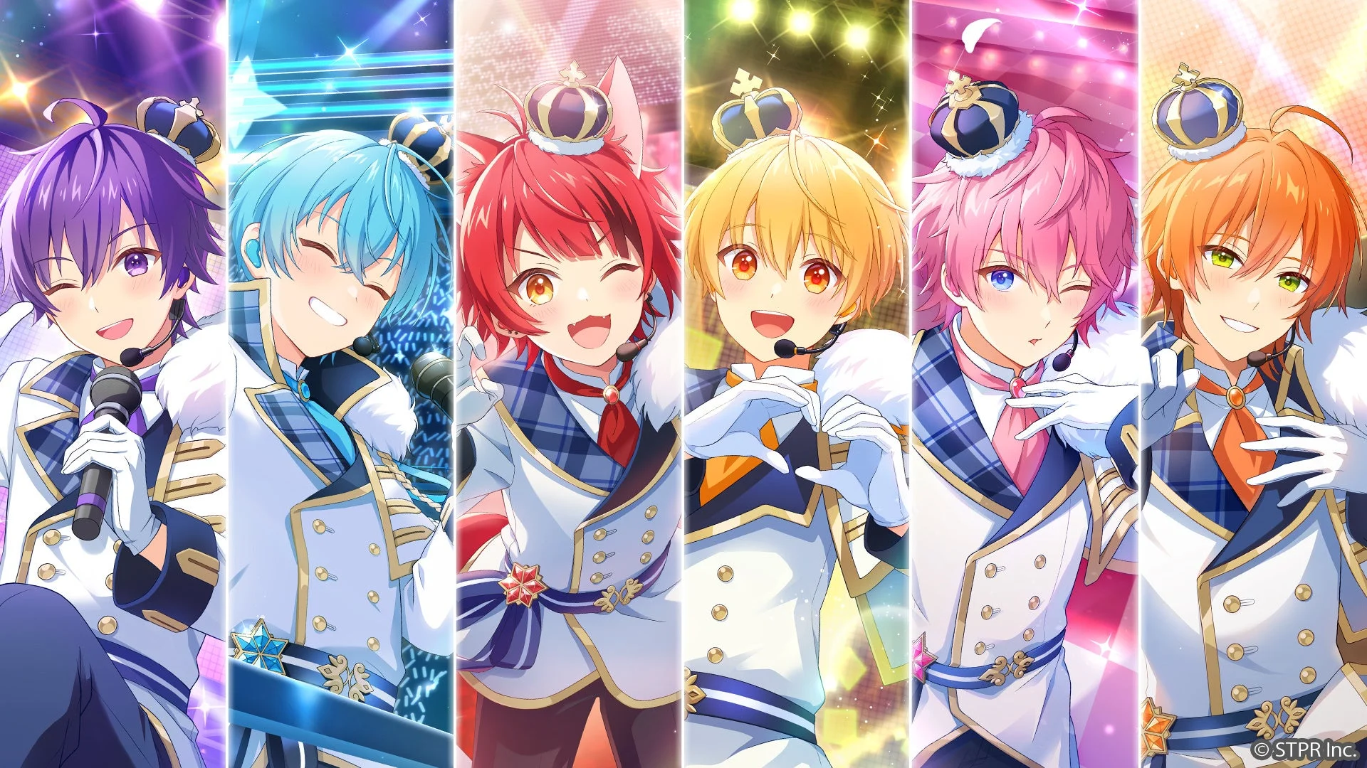 きらびやかな背景の中で、カラフルな髪色の6人の男性アイドルキャラクターが王子様風の衣装を身につけ、マイクを手に笑顔でポーズをとるイラスト