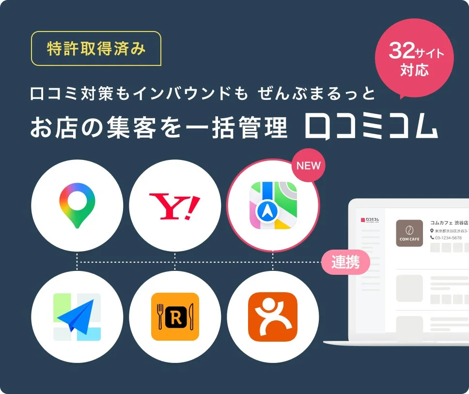 「ロコミコム」という特許取得済みのサービスを紹介する画像