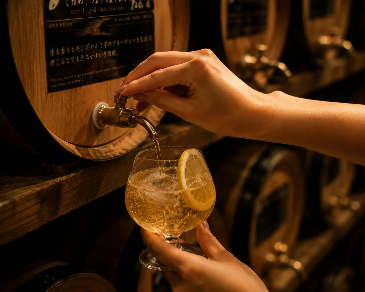樽から焼酎を注ぐ様子