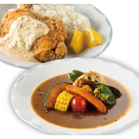 揚げ物とご飯のプレート、野菜たっぷりスープカレー
